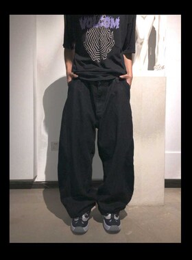 Mid9summer黑色拼接宽松直筒老爹滑板牛仔裤