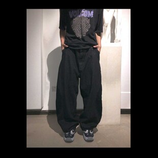 Mid9summer黑色拼接宽松直筒老爹滑板牛仔裤