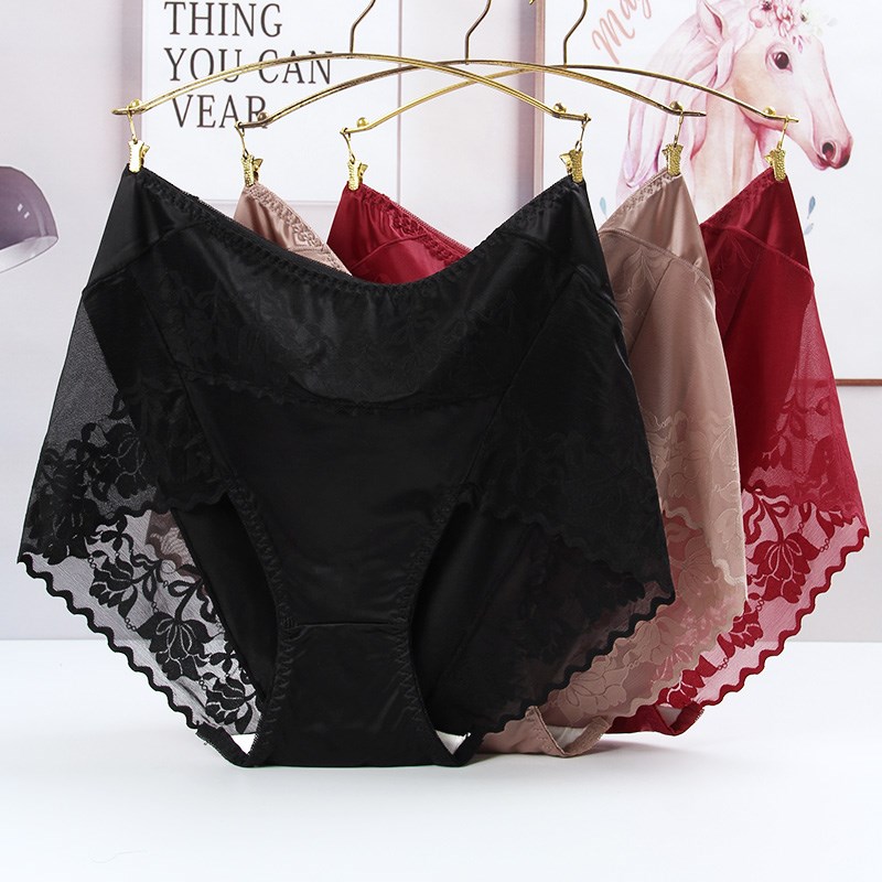 高腰性感时尚轻奢锦缎面料蕾丝大码内裤女胖MM200斤纯棉裆丝滑柔