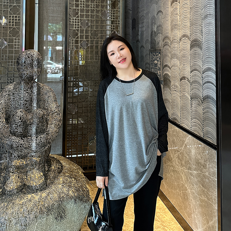 长版针织衫大尺码女装200t斤加肥加大上衣胖妹妹mm撞色圆领长袖T