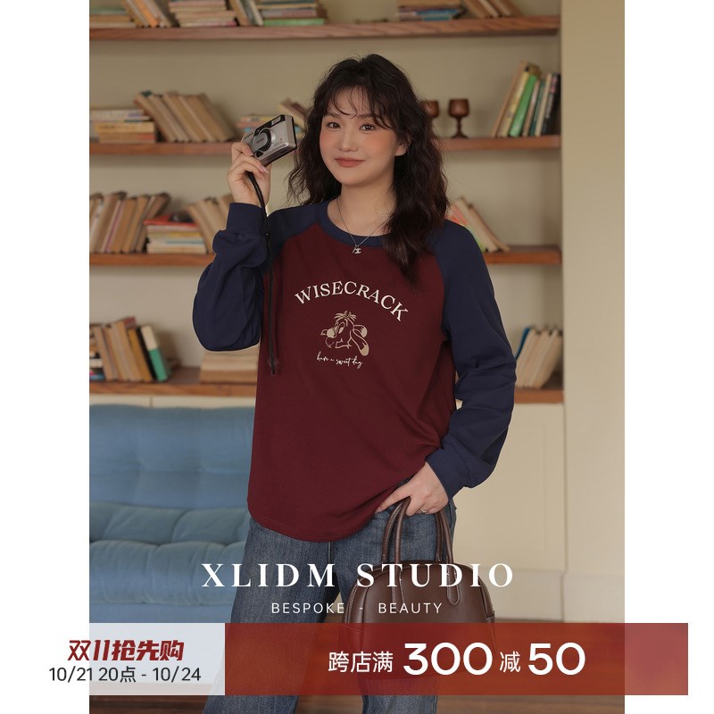小俪自制大码女装 亲r肤磨毛圆领撞色印花秋冬插肩长袖休闲T恤