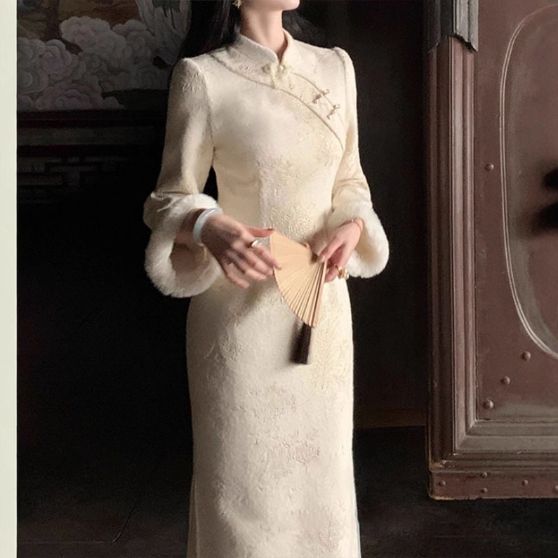 雪莲花新中式套装裙秋冬装雪尼尔加绒改良旗袍长袖连衣裙
