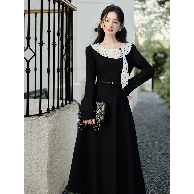 法式复古赫本风小黑裙显瘦波点飘带拼接长袖连衣裙气质高级感长裙