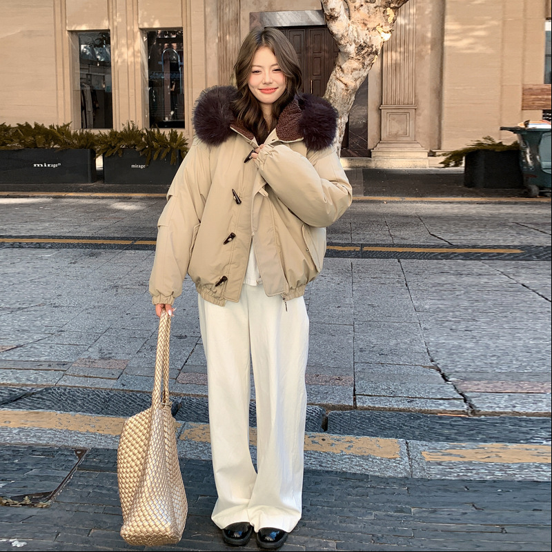 大毛领连帽羽绒棉服女冬季加厚美式复古牛角扣派克服工装棉袄外套