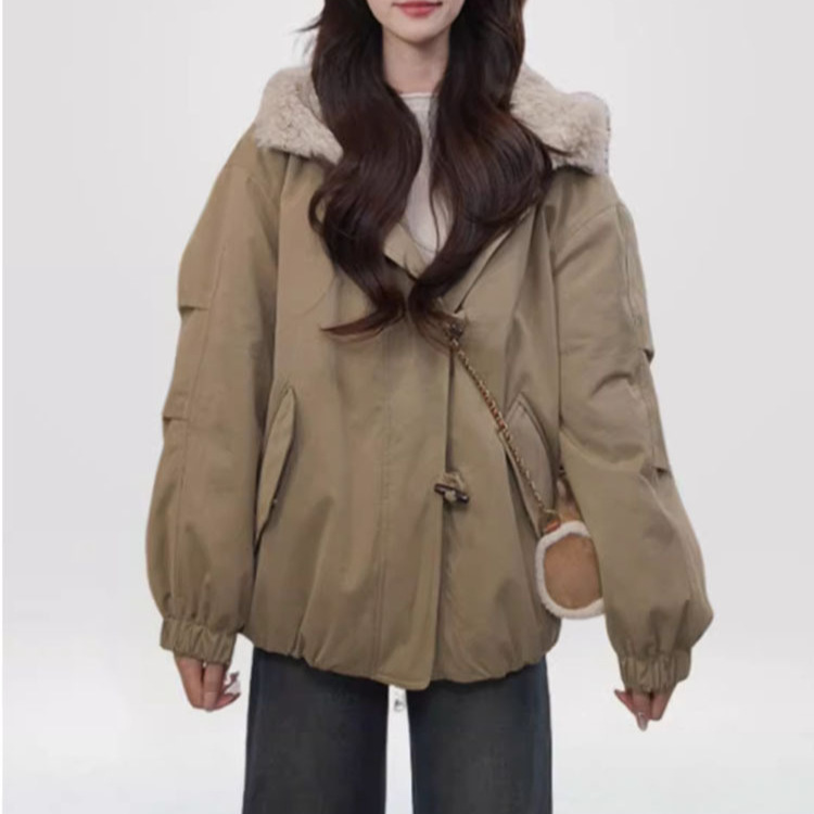 暖炉派克2025冬季新款韩系披肩连帽两穿仿羊羔毛加绒厚外套