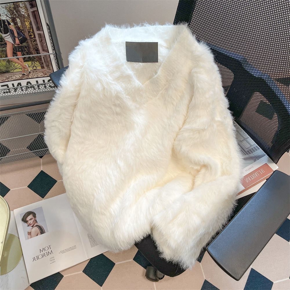 软糯水貂绒v领毛衣女秋冬季奶fufu加厚针织衫毛毛上衣外穿毛衣女