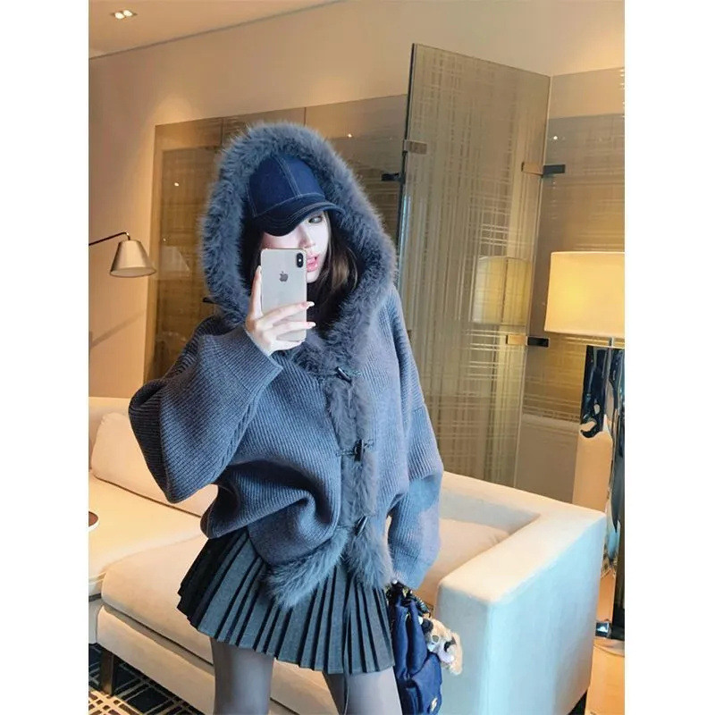 设计感复古拼接毛领连帽针织外套女秋冬宽松毛衣开衫慵懒长袖上衣