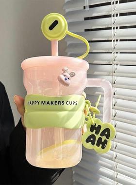 水杯女生可爱新款玻璃杯高颜值家用耐热防烫学生专用吸管杯子