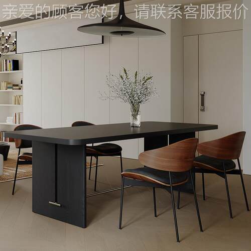 复古实木下挂岩板纯黑下挂黑色古中代餐桌椅组合小户型设计师简约