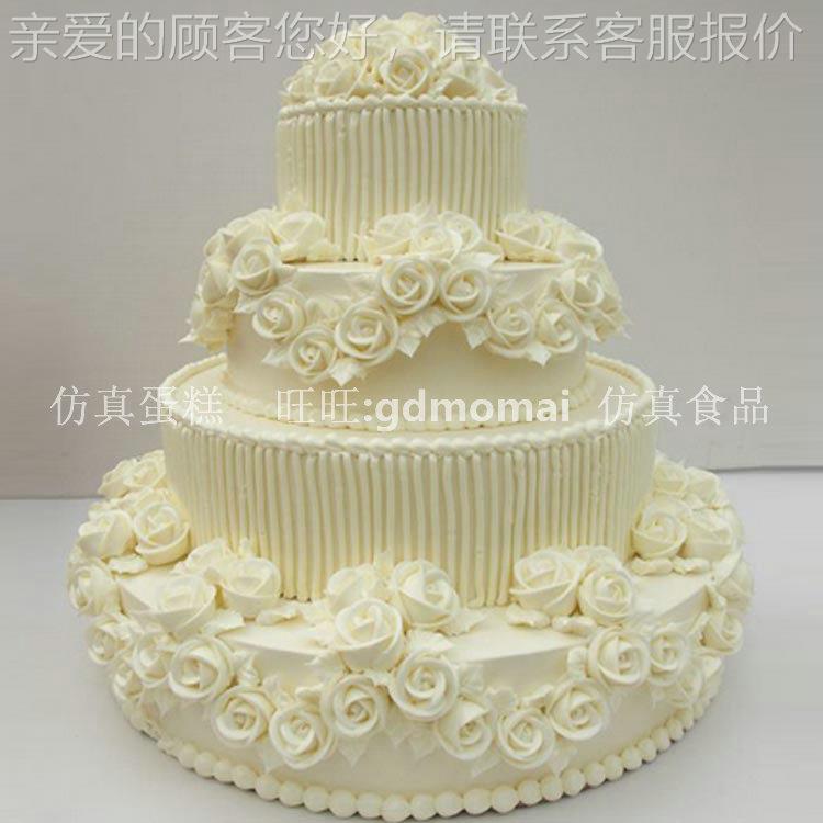 仿真玫瑰花朵浪漫造型纯白色4层假蛋糕精美婚庆摆设蛋糕模型