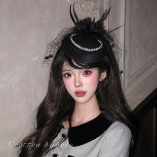 复古民国珍珠网纱黑色礼帽女头饰新娘面纱名媛礼服发饰拍照小帽子
