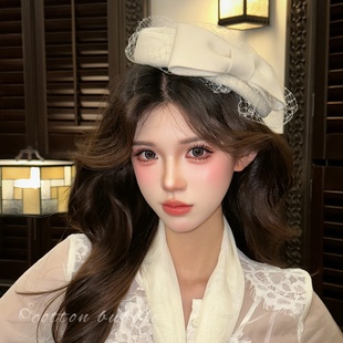 复古白色羊毛呢帽子留洋千金帽网纱礼帽头饰冬季法式蝴蝶结贝雷帽