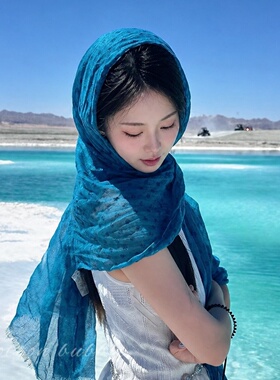 湖蓝色印花丝巾薄款旅游拍照外搭
