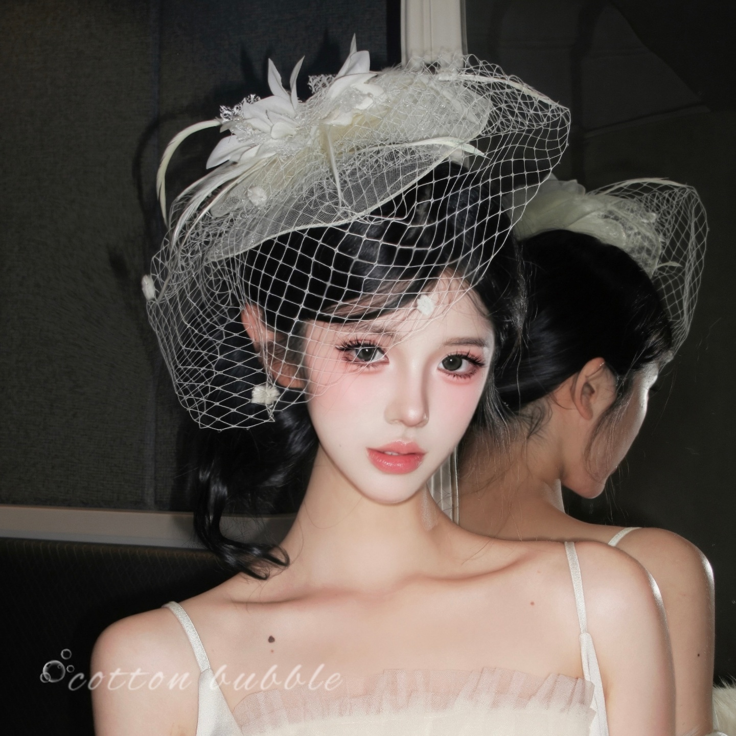 留洋千金法式米白网纱小礼帽头饰