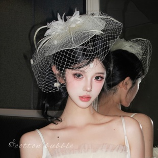 留洋千金!法式米白色网纱小礼帽头饰发夹女复古生日拍照帽子发饰