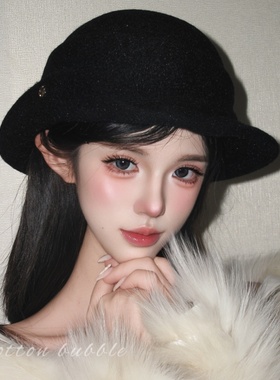 留洋千金法式赫本风黑色圆顶礼帽女秋冬显脸小渔夫帽卷边针织帽子