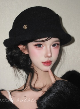 法式赫本风黑色千金礼帽女款秋冬高级感显脸小渔夫帽保暖卷边帽子