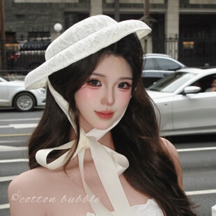 韩系白色蕾丝绑带礼帽头饰女法式千金赫本风帽子气质方圆脸遮阳帽