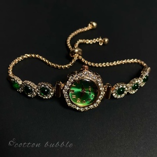 古着vintage复古绿色手表轻奢水钻手链抽拉绳手饰高级感饰品配饰