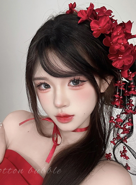 新中式红色铃兰花朵流苏发夹女氛围感头花侧边夹新娘拍照礼服配饰