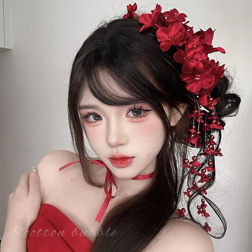 新中式红色铃兰花朵流苏发夹