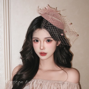 留洋千金复古粉色礼帽女法式名媛公主网纱珍珠配饰发饰晚礼服帽子