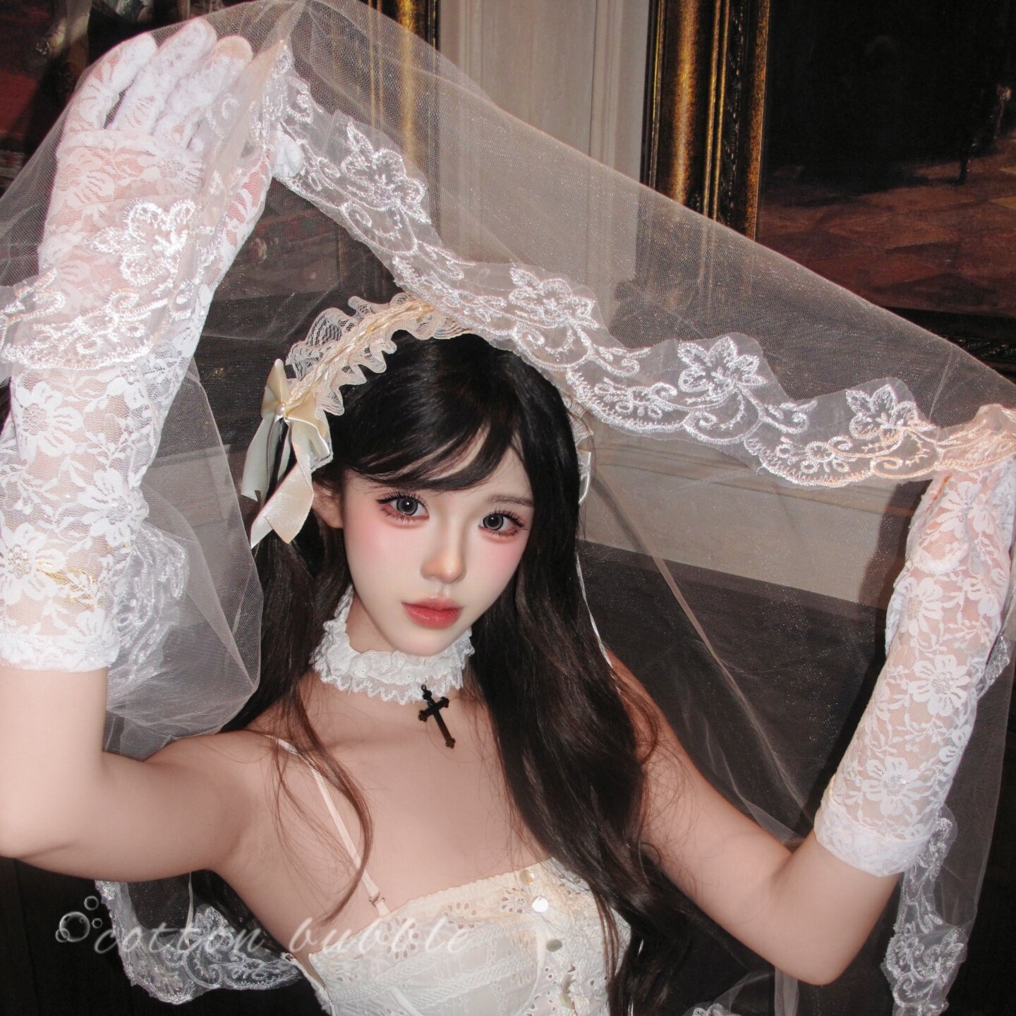 鬼新娘万圣节头饰复古白色蕾丝头纱领证结婚生日拍照道具婚纱发饰