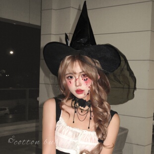 魔法女巫帽子~万圣节暗黑巫师帽哥特风黑色网纱魔女帽cos装扮配饰