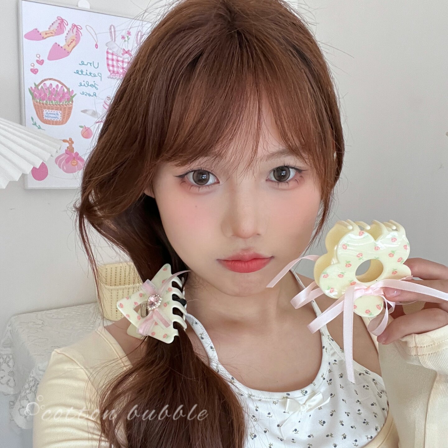 温柔奶油碎花小抓夹甜美粉色蝴蝶结丝带发夹女后脑勺盘发抓鲨鱼夹