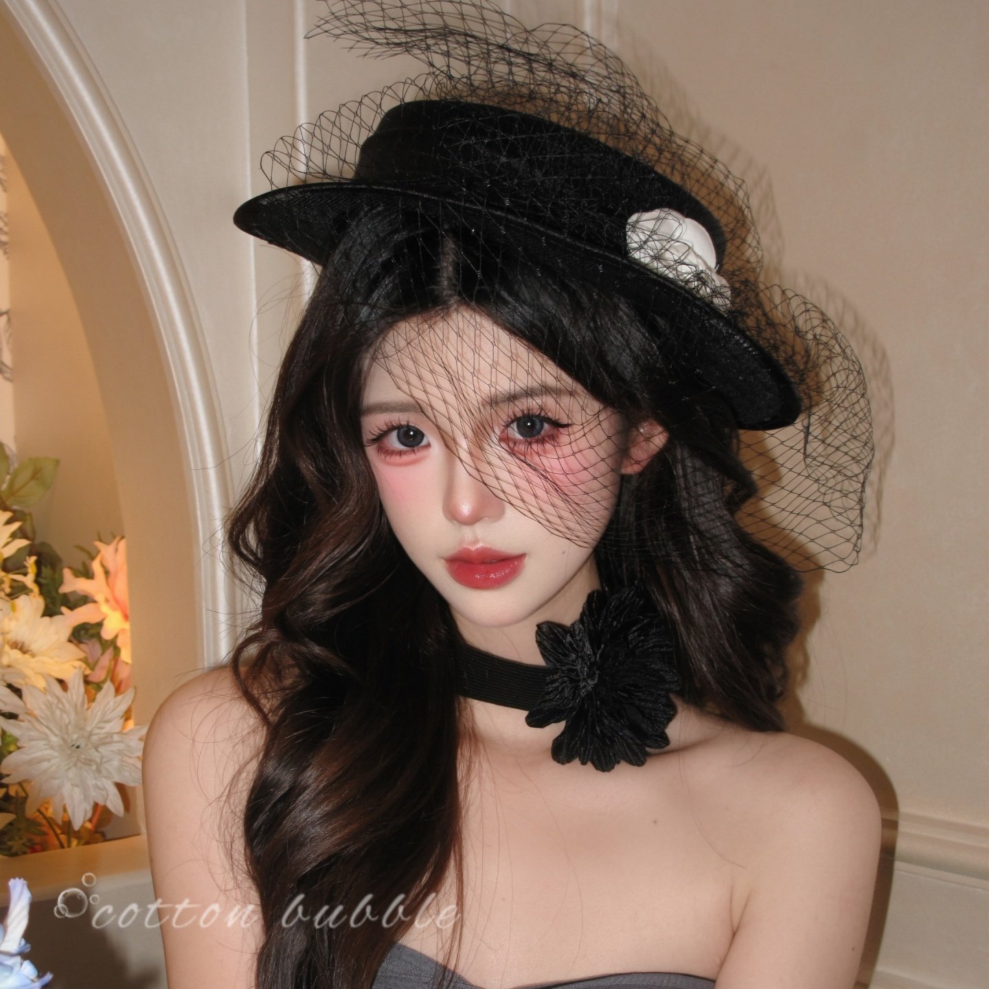 复古赫本风礼帽黑色网纱山茶花头饰法式名媛民国千金礼服配饰帽子