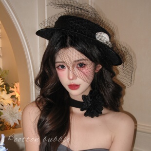 复古赫本风礼帽黑色网纱山茶花头饰法式名媛民国千金礼服配饰帽子