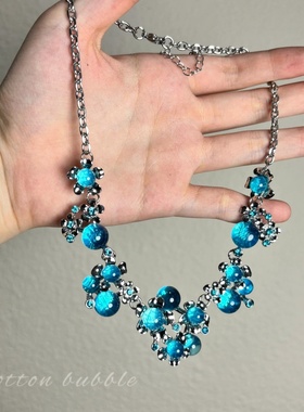 蓝色水晶锆石花朵项链夸张颈链女