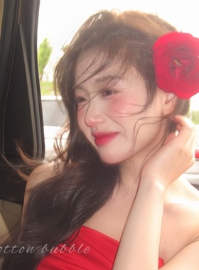 明媚红色玫瑰花发夹头饰女复古显白花朵配饰侧边发卡海边拍照头花