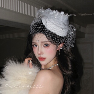 富家千金白色小礼帽生日头饰女网纱新娘头纱法式复古留洋帽子发饰