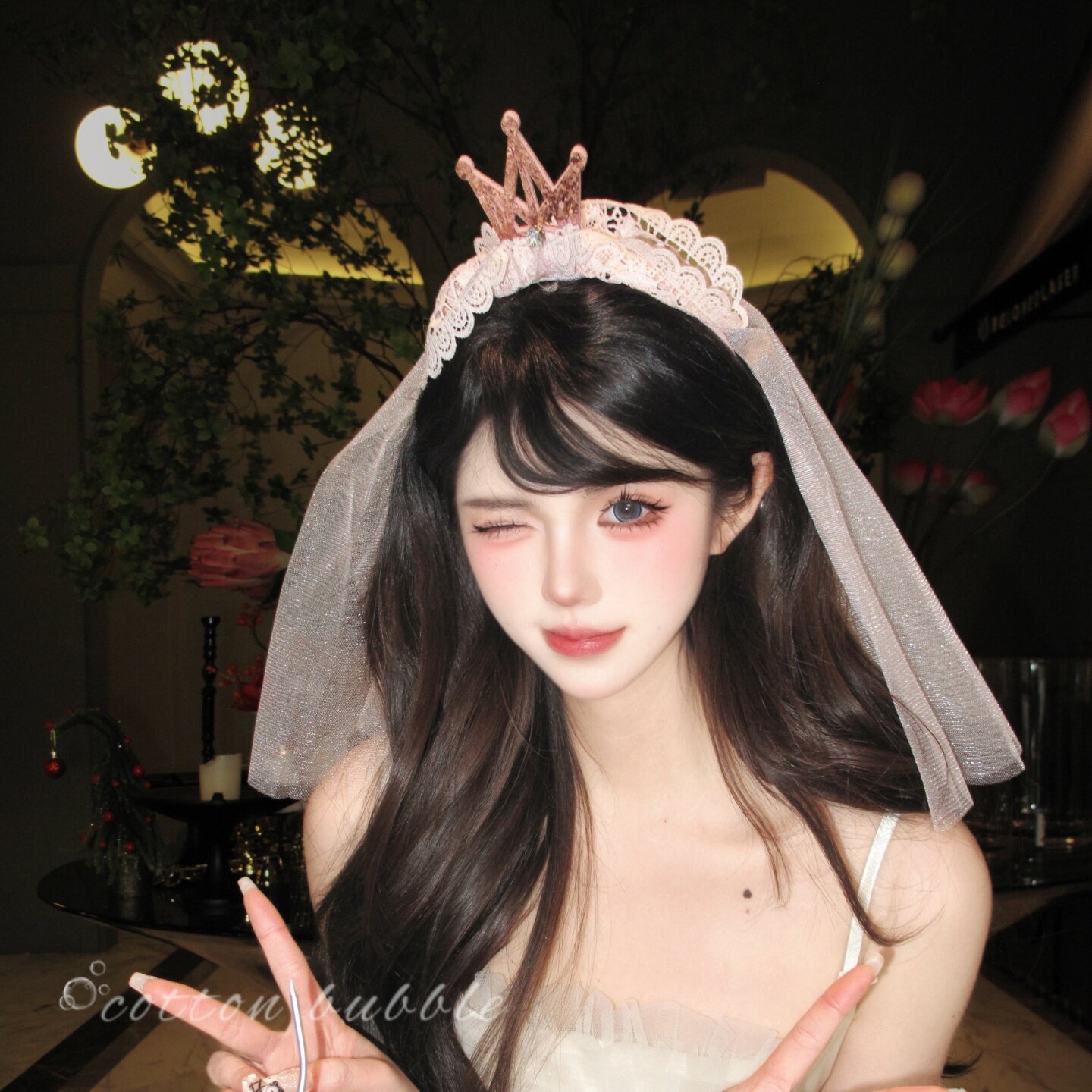 仙女粉色蕾丝皇冠发箍头纱生日头饰女韩系甜美氛围感网纱拍照道具