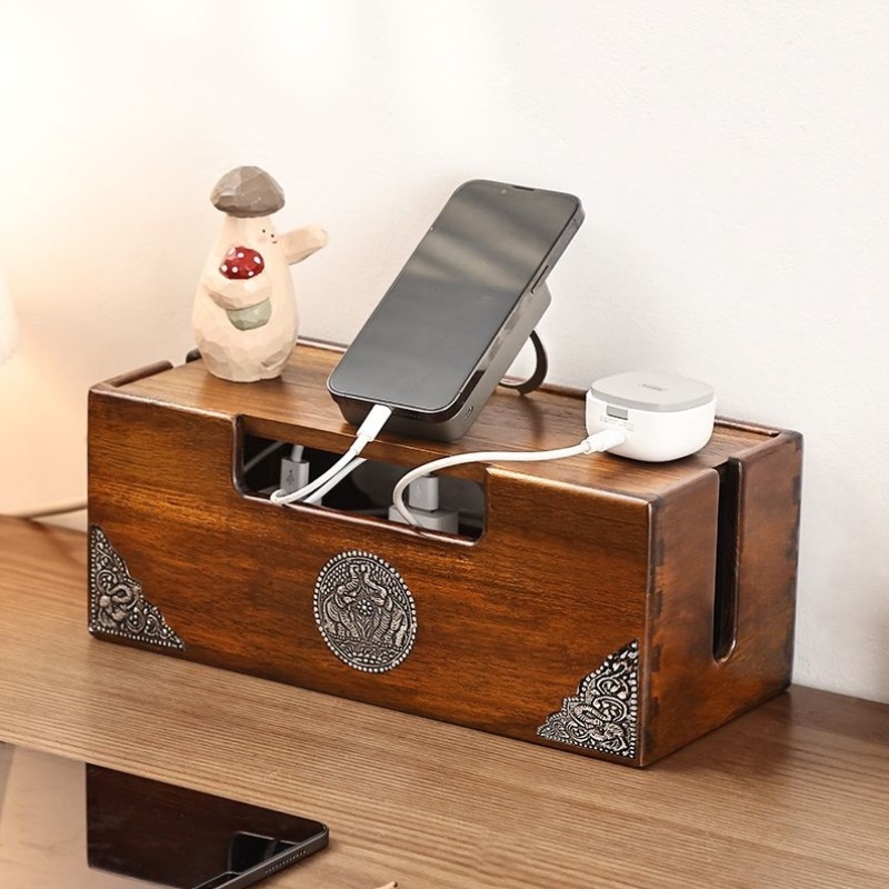 实木电线收纳盒电源插座排插外露遮丑盒子桌面集线盒路由器理线盒