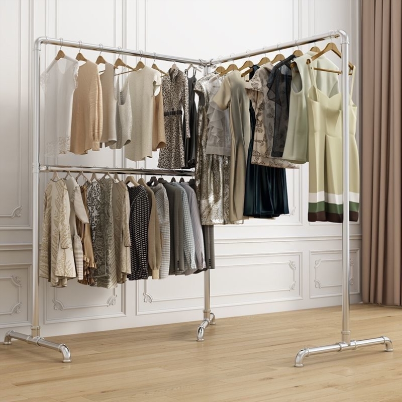 镀锌加厚简易钢管晾衣架落地挂衣架立式双层卧室室内阳台单杆家用