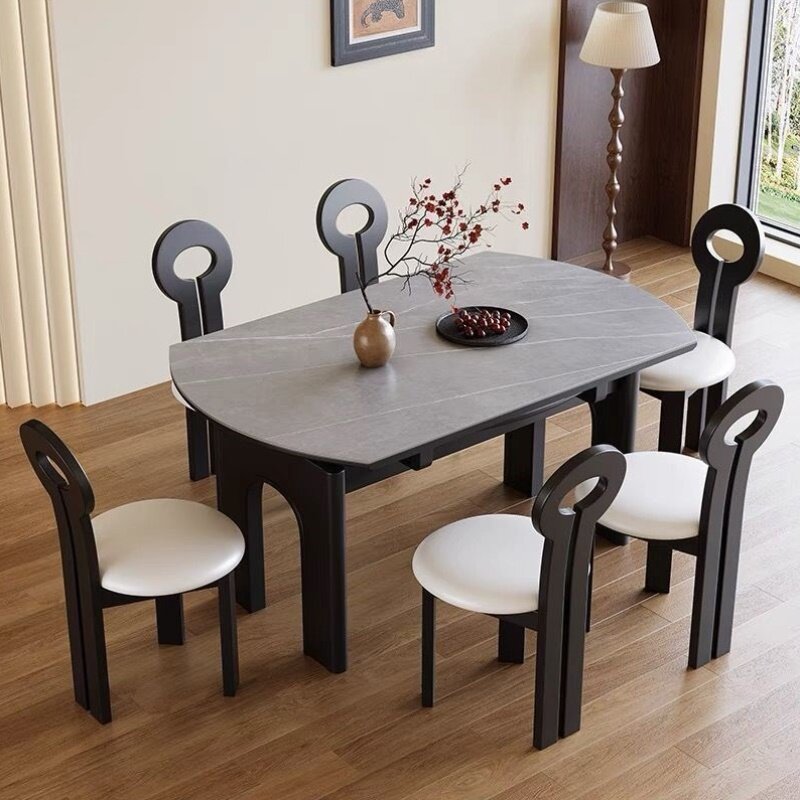 中古风折叠实木餐桌椅岩板2025新款美式法式伸缩方可变圆桌小户型