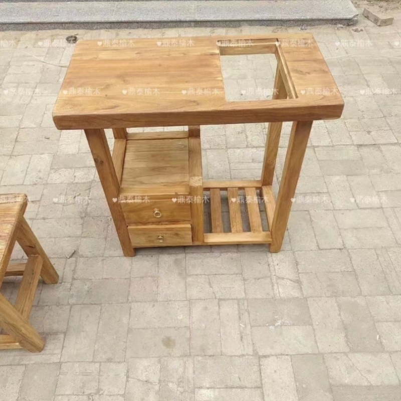 老榆木实木简约茶水桌功夫茶水柜多功能可移动中式茶桌泡茶烧水柜