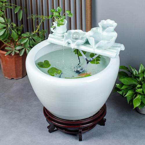 大型纯白陶瓷流水鱼缸阳