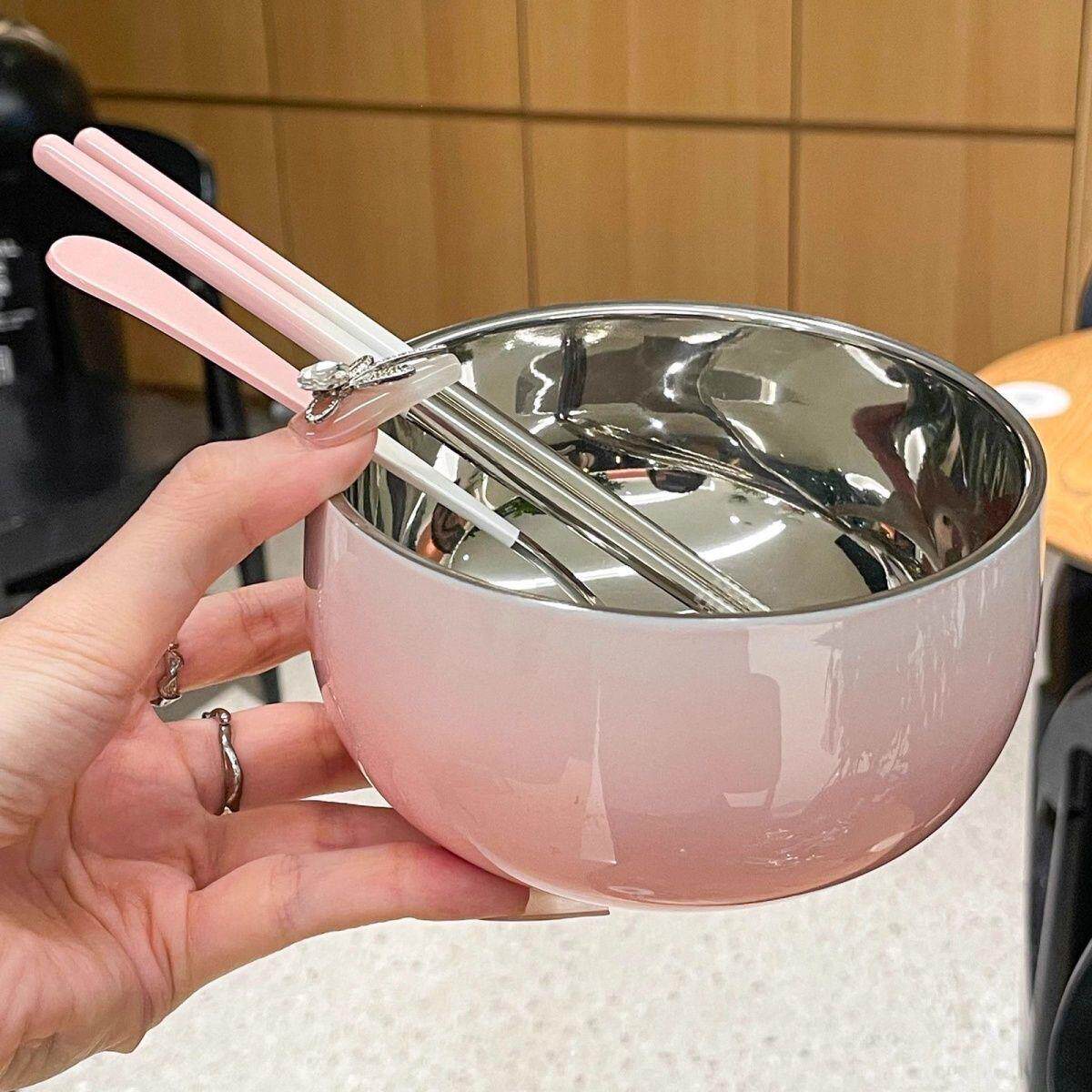 304不锈钢碗家用渐变色饭碗食品级双层防烫勺筷