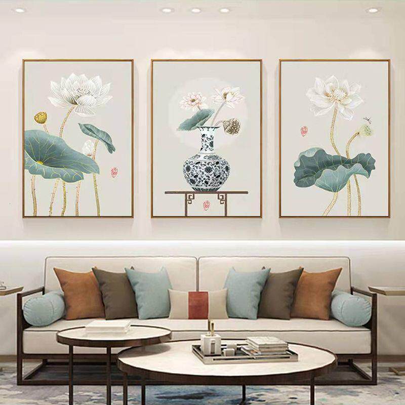 中式挂画客厅沙发背景墙国风荷花古风卧室壁画餐厅三联画