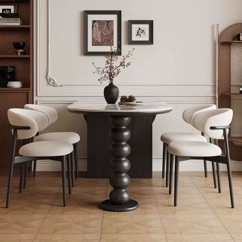 洞石岩板餐桌中古风法式复古家用吃饭桌椭圆形小户型靠墙折叠餐桌