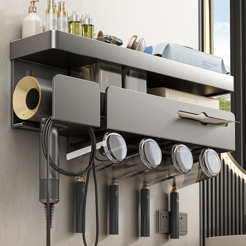 牙刷置物架卫生间免打孔漱口杯牙具纸巾收纳架家用浴室吹风机架子