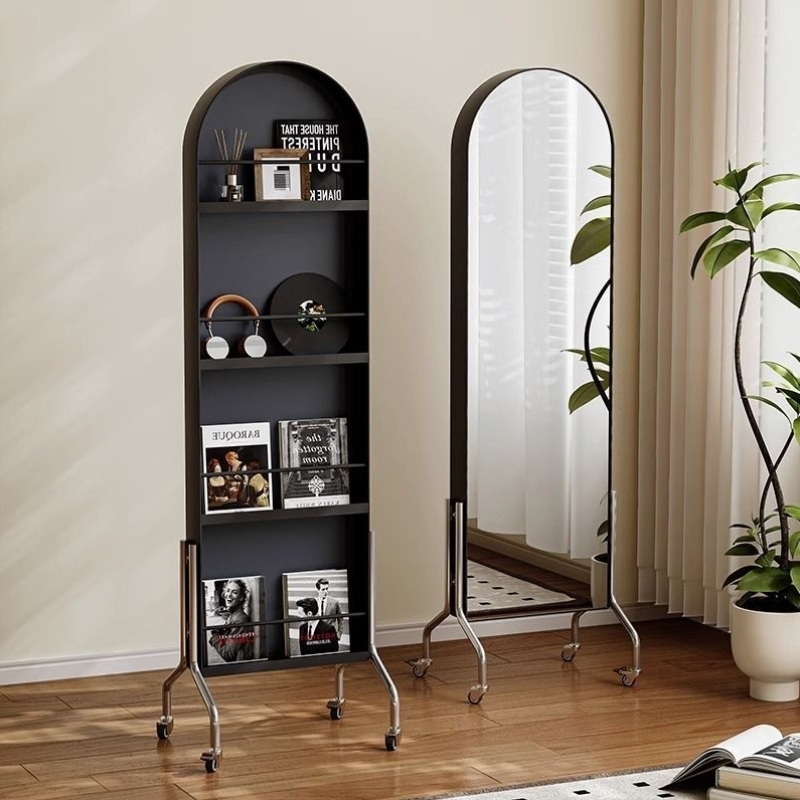可移动书架全身镜中古风收纳杂志架落地书报展示置物架旋转穿衣镜