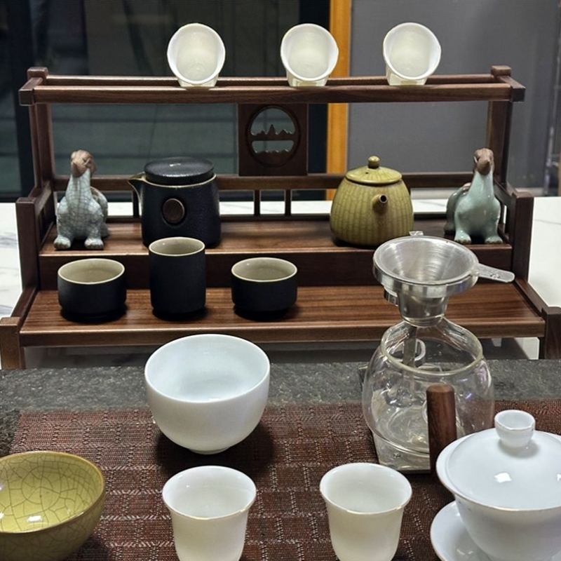 北美胡桃木茶具收纳架实木博古架茶杯展示架子双层桌面茶台置物架
