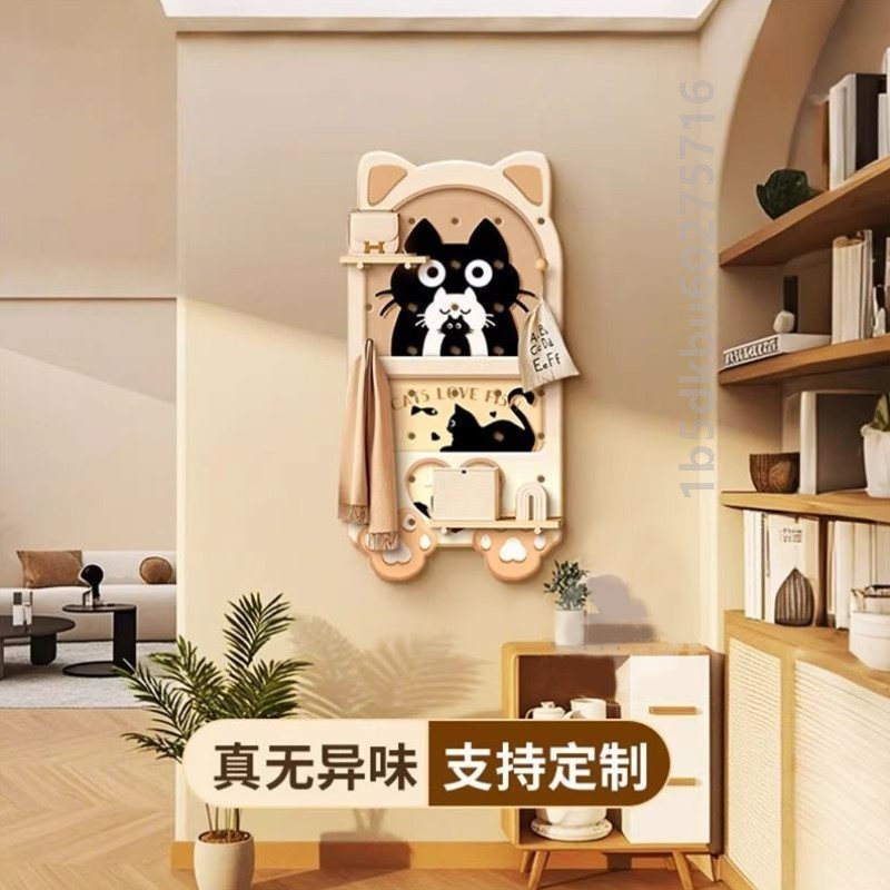 入户玄关门后洞洞板置物架墙上猫咪钥匙挂架奶油风客厅挂墙装饰画