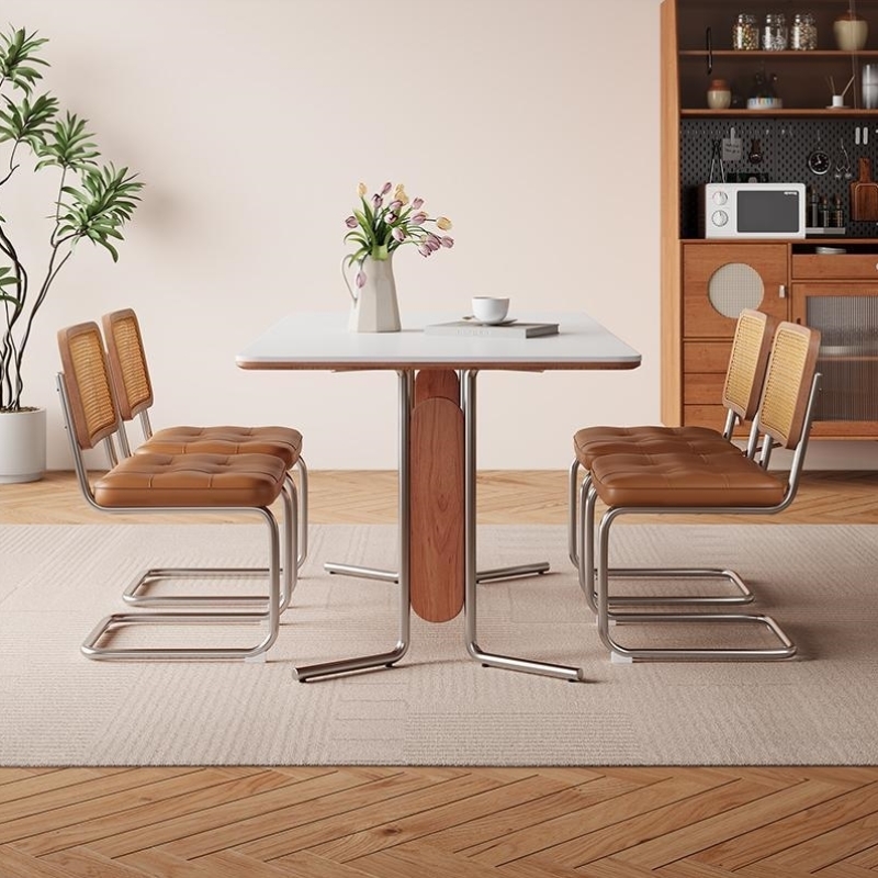 中古风岩板餐桌现代简约小户型家用法式复古长方形实木不锈钢饭桌