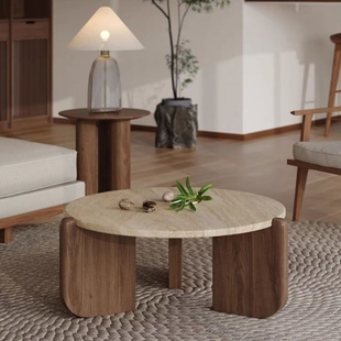 侘寂风实木洞石茶几极简小茶台小户型客厅家用圆形阳台大理石矮桌