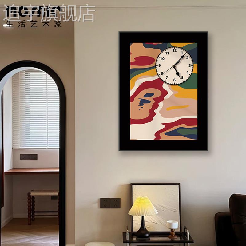 法式竖款中古风抽象蒙德里安黑色装饰画挂钟可遮挡电表箱组合钟表